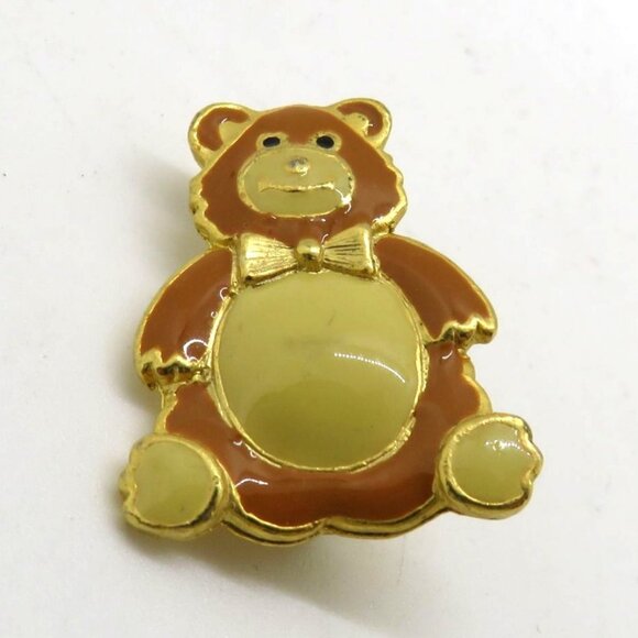 Vintage Teddy Bear Brooch Enamel Gold Tone 1" Pin Brown Cream - Picture 4 of 7